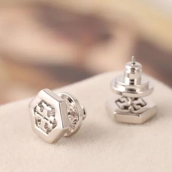 NWOT Tory Burch Silver Hexagon Stud Earrings - Picture 5 of 6